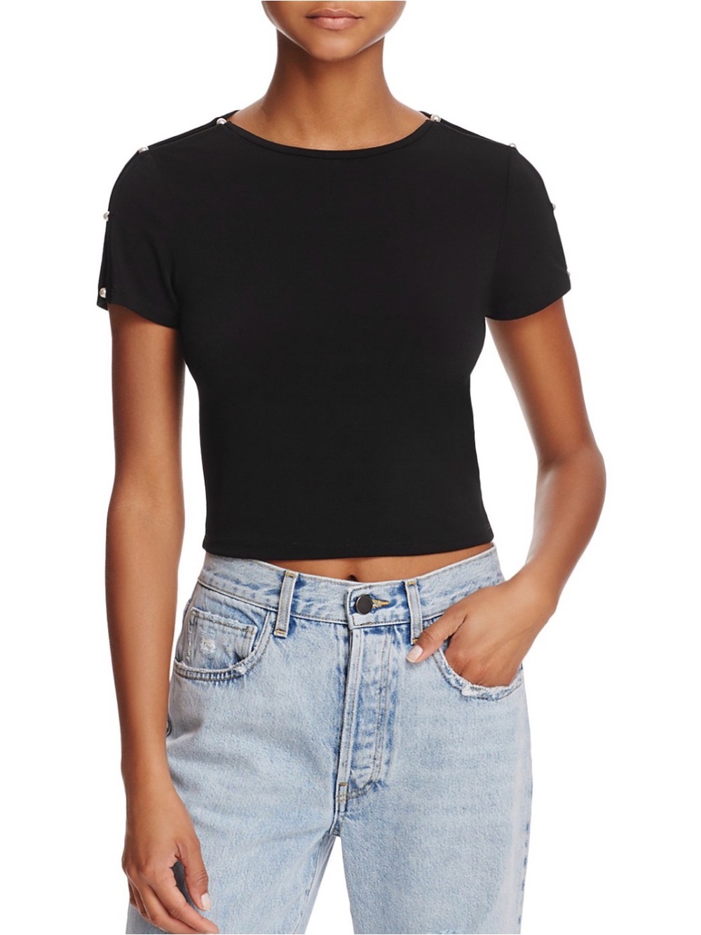 ALICE AND OLIVIA
'troy' Faux Pearl Sleeve Cropped Crepe T-shirt In Black